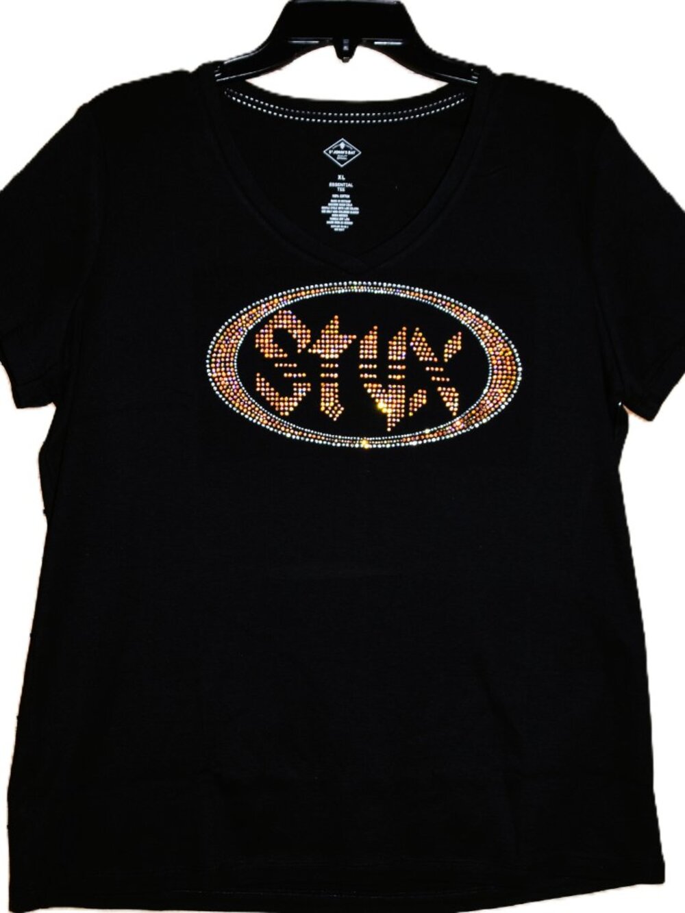 Styx  rhinestone black short sleeved Vneck shirt XS S M L XL XXL 1X 2X 3X 4X 5X